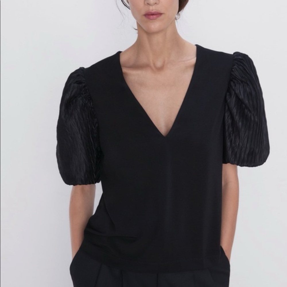 Zara Black V-Neck Puff Sleeve Mixed Textile Blouse L
